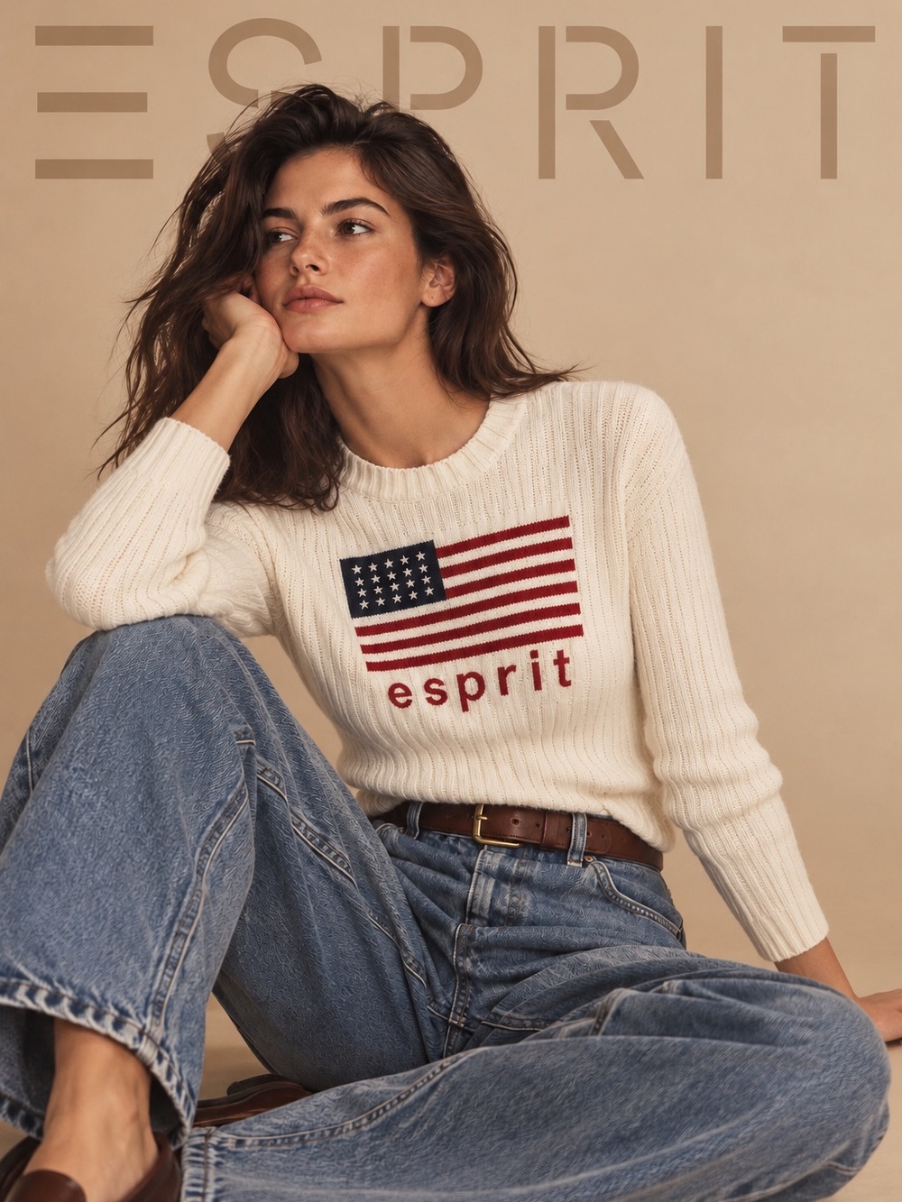 90’s Esprit Women's Americana Logo Cotton Vintage Ribbed Sweater